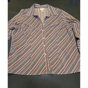 Worthington Woman Stretch Shirt 3X Red Gray Striped Button Front Long Sleeve